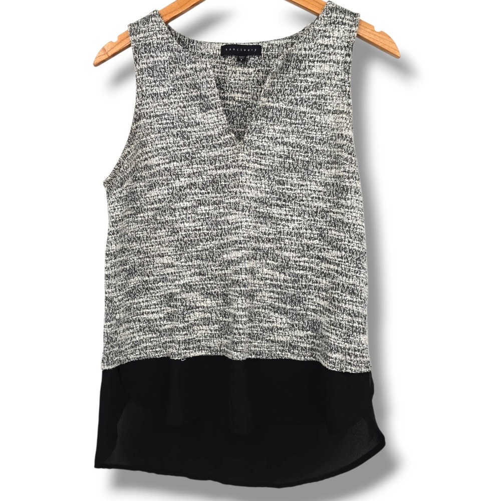Sanctuary‎ Sleeveless Top Tweed Blouse V-Neck Layered Black Trim Size S